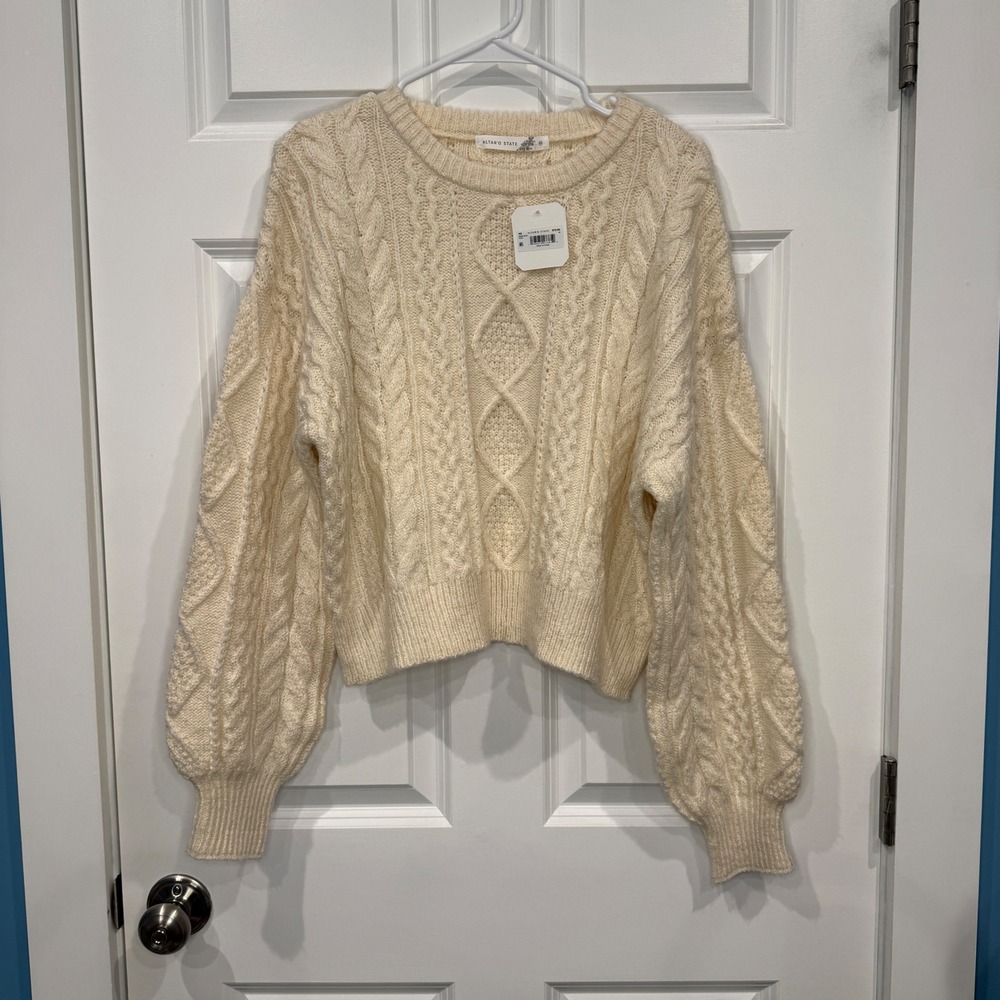 Altar'd State Ivory Cable Knit Balloon Sleeve Sweater Ivory Size Medium